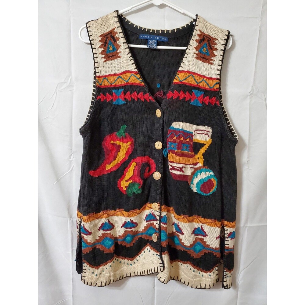 Birch Bros Aztec Sweater Vest Size PM Button Up Peppers Colorful Design